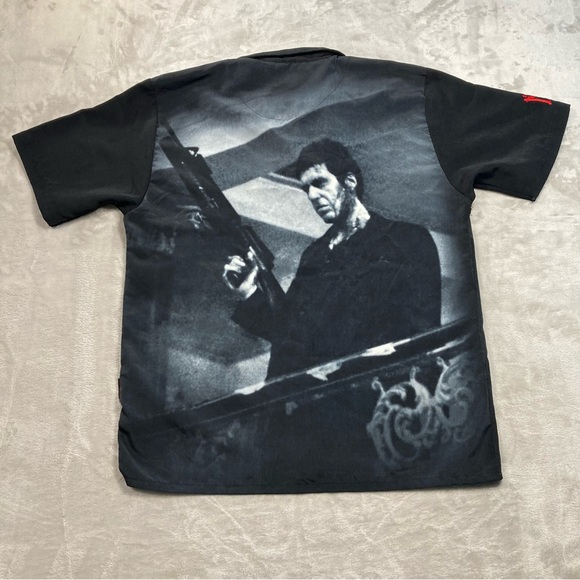 Vintage Dragonfly Scarface Tony Montana Button Up Shirt Gun Double Sided Sz L - Picture 4 of 9